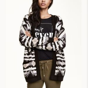 H&M Divide Jacquard Knit Open Front Cardigan Small Black White Aztec Print